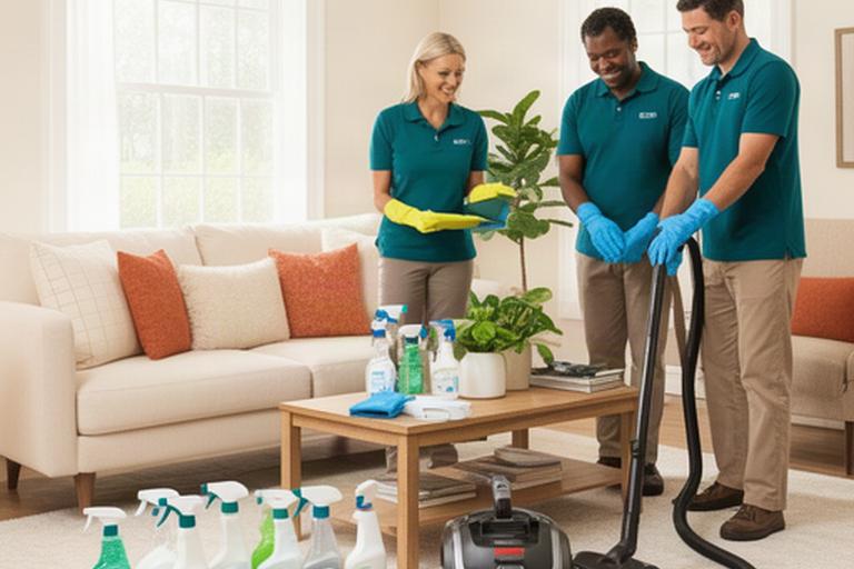 Residential cleaning team preparing supplies in a bright Pearl, Mississippi living room