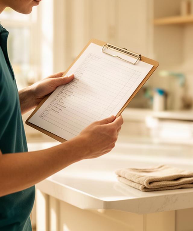 Cleaner reviewing a residential service checklist beside a bright kitchen counter
