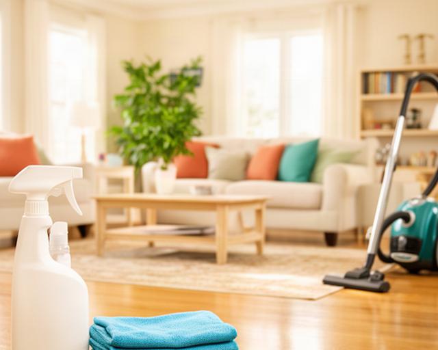 Bright Pearl Mississippi living room prepared for a residential cleaning visit with tidy surfaces and cleaning supplies nearby